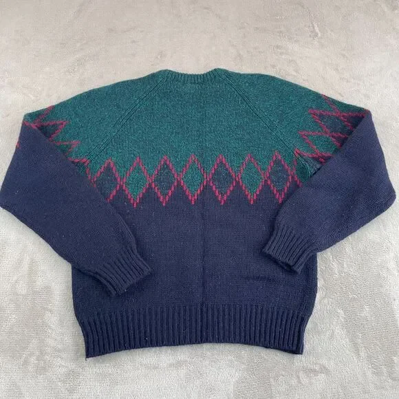 Vintage GAP Sweater Men Large‎ Blue Green 100% Wool Diamond Crew Neck Outdoors - Picture 4 of 7